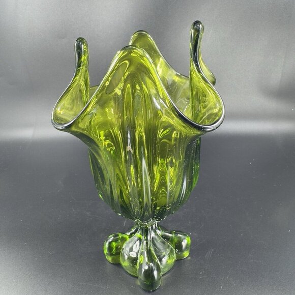 Viking Glass Avocado Green Epic Four Square Base Swung Glass Vase Bowl Dish VTG - Picture 9 of 13